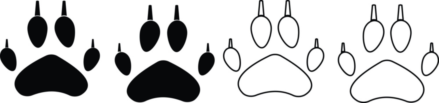 Fox paw footprint icon set collection group, animal pawprint track footprint symbol vector pack, wildlife canine claw marks, flat and line style black icons isolated on transparent background