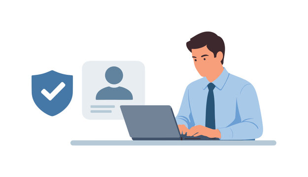 A professional maintaining secure digital identity management in a modern workflow, interacting with a laptop while a simple user profile and shield symbol are positioned