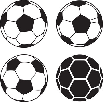 Four black and white soccer balls in different styles and also transparent background, football pattern