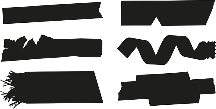 Set of black brush stroke shapes and ribbons with frayed edges for graphic design elements and abstract art
