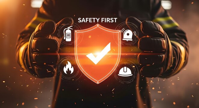 A firefighter presents a glowing shield displaying safety icons emphasizing the importance of workplace protection high quality professional detailed modern elegant stylish
