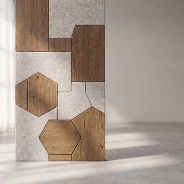 Contemporary architectural partition featuring a puzzle of wooden hexagons and textured gray panels standing in a bright minimalist room with soft sunlight and shadows on the floor