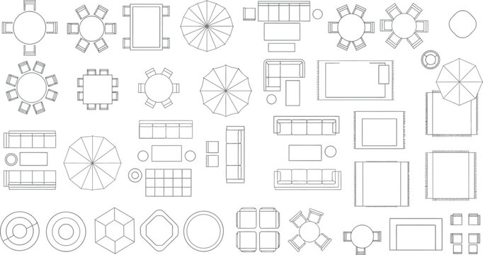 Collection of architectural furniture symbols in top view for floor plans including tables chairs sofas umbrellas and rugs vector illustration