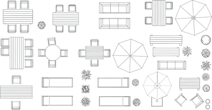 Top view vector illustration of outdoor patio furniture set including tables chairs umbrellas sofas and garden plants for architectural landscape design