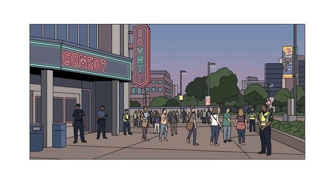 Flat Illustration of a Comedy Club Venue Entrance at Dusk