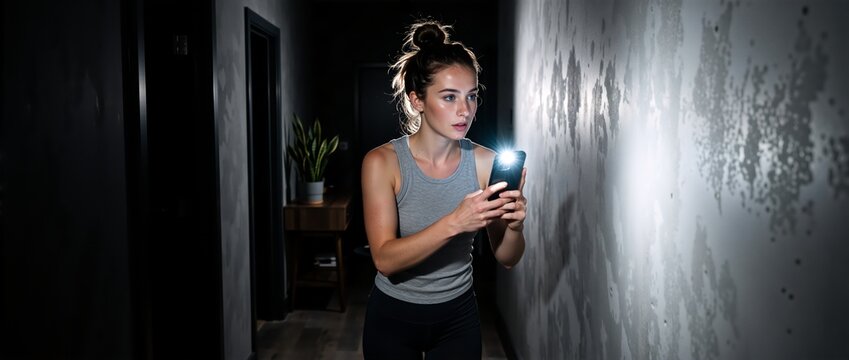 Young woman using a smartphone flashlight to walk down a dark hallway. Power outage and blackout emergency concept
