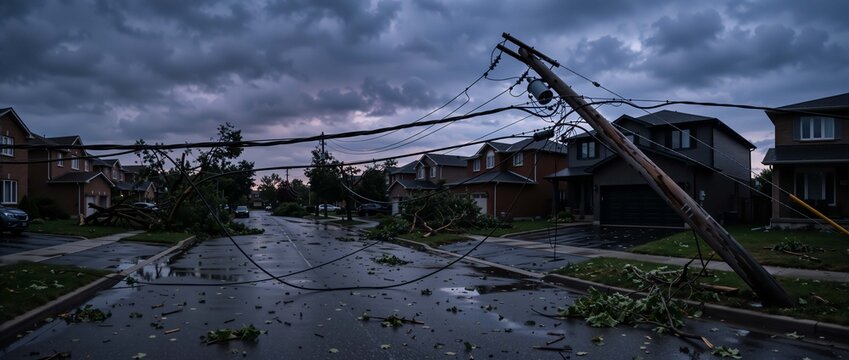 Broken utility pole and fallen power lines across a suburban street after a severe storm. Neighborhood blackout and infrastructure damage