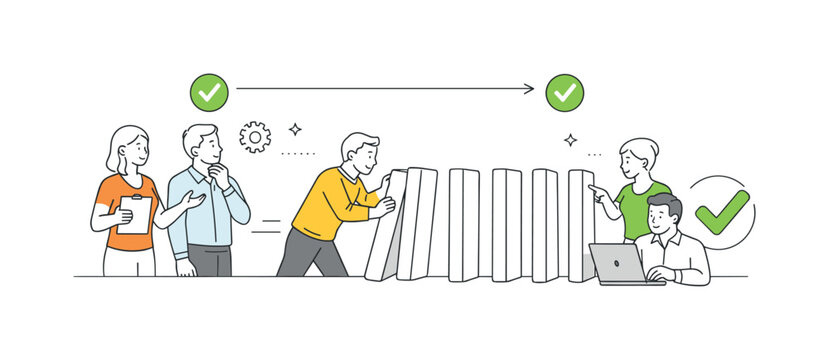 Progress and sequential workflow in a modern organizational context where tasks are completed step by step in a structured order, illustrated by a line of domino blocks