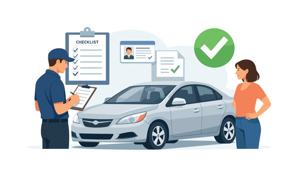 A vehicle inspection moment focused on verifying safety and documentation before use, where an inspector reviews the condition of a car in a structured process,