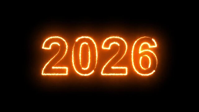 2026 Text Animation, Neon Text Animation 2026, Happy New Year &ldquo;2026&rdquo; text on black background. Seamless loop, 4K horizontal video. Animated glowing neon sign 2026. Happy New Year celebration.4K VIDEO