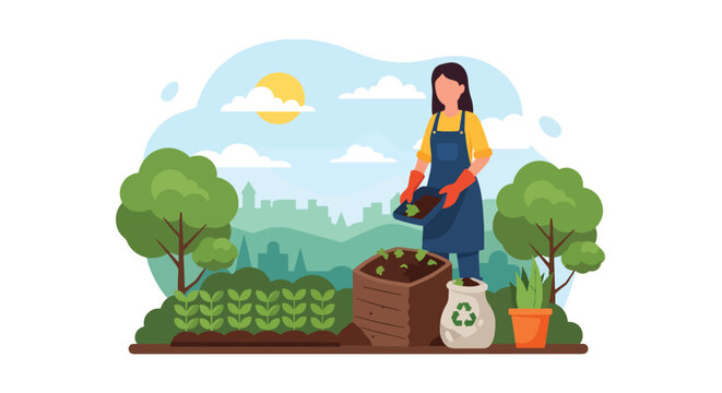 Flat style vector illustration of a person composting organic waste in a backyard garden, promoting eco-friendly habits, recycling, and sustainable living practices