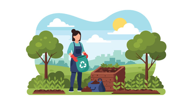 Flat style vector illustration of a person composting organic waste in a backyard garden, promoting eco-friendly habits, recycling, and sustainable living practices