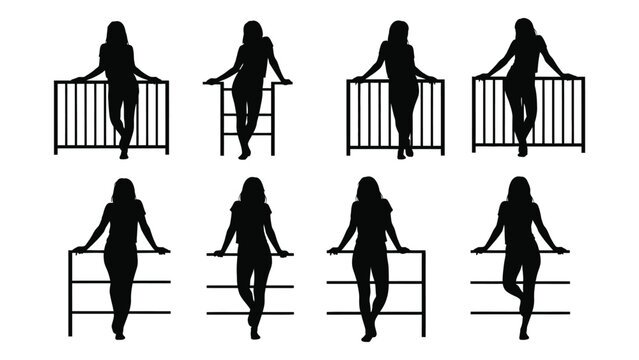 Silhouette series depicting women standing behind rectangular balcony railings high quality professional