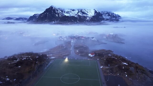 Beautiful landscape view from Henningsvaer village in Lofoten, Norway with mountain in background