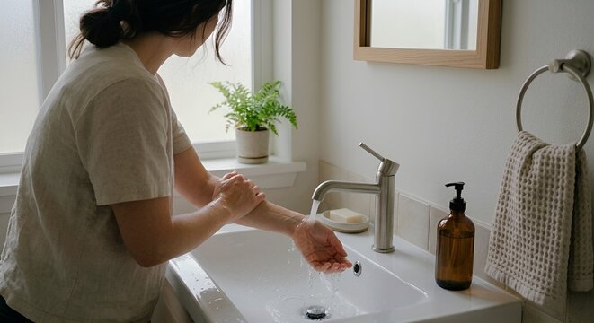 Woman cooling her hands and forearms under running water in the bathroom