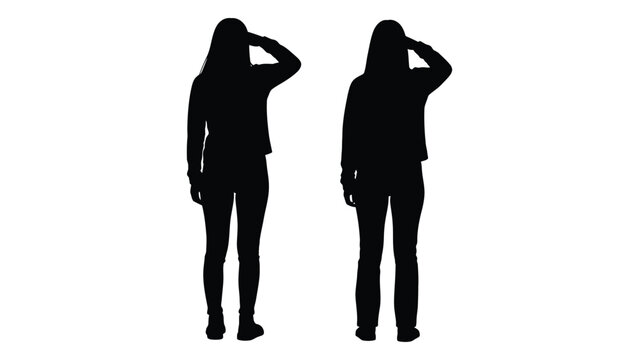 Two identical silhouettes of women with hands raised to their heads facing away