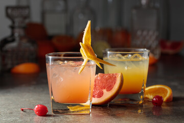 Obraz premium Cocktails with ice, grapefruit juice, and orange juice garnished with maraschino cherry.