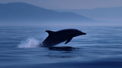 Fototapeta premium Dolphin leaping over ocean waves at twilight