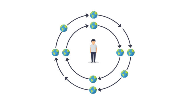 Businessman standing in the center of a circular workflow process with multiple steps