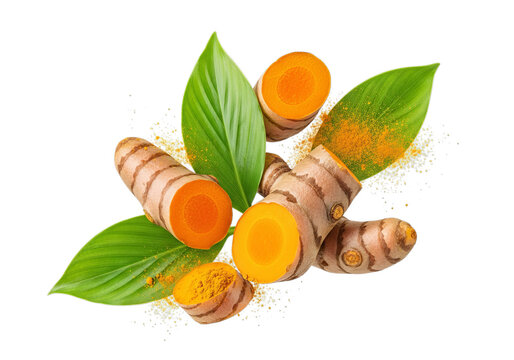 Fresh turmeric roots and leaves isolated showing vibrant orange spice and green foliage