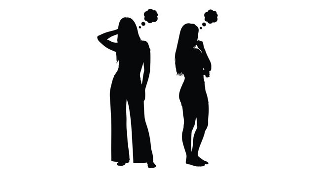Two women in silhouette deep in thought with speech bubbles above their heads