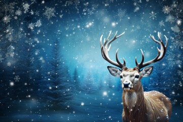 Naklejka premium Deer with antlers looking forward in a wintry landscape with falling snowflakes
