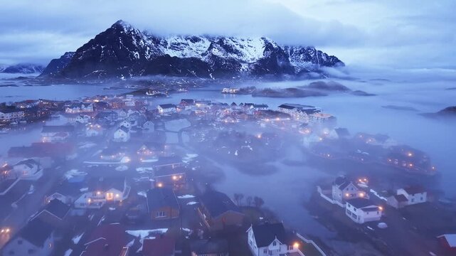 Beautiful landscape view from Henningsvaer village in Lofoten, Norway with mountain in background