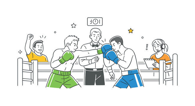 Boxing match scenario where two athletes compete in a structured sporting event inside a ring, visualized through a boxing ring and gloves as the main elements,