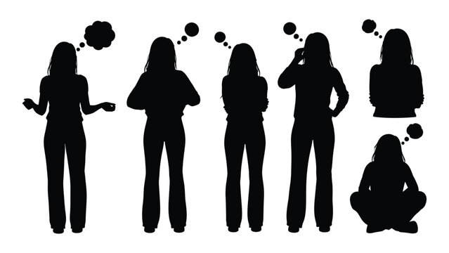 Silhouettes of women in various poses each accompanied by thought bubbles