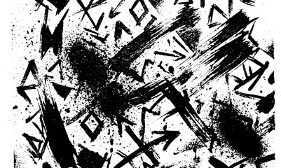 Abstract monochrome pattern of geometric symbols and hand drawn runes with heavy grunge brushstrokes street art hip hop geometric abstract background monochrome triangles brushstroke artistic © HexaFrame