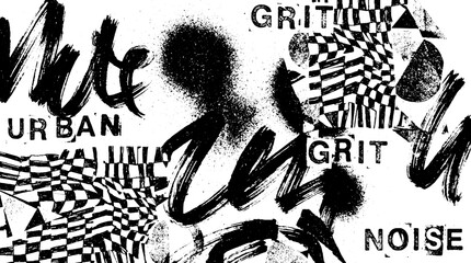 Urban grit and noise themed abstract collage with bold typography and distressed textures spray paint street art typography distressed abstract background monochrome brushstroke checkered © HexaFrame