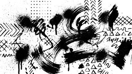 Dynamic black and white abstract grunge pattern with paint splatters and diverse brush stroke textures brush strokes hand drawn street art modern art artistic expression distressed effect © HexaFrame