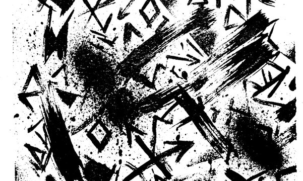 Abstract monochrome pattern of geometric symbols and hand drawn runes with heavy grunge brushstrokes street art hip hop geometric abstract background monochrome triangles brushstroke artistic
