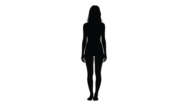 A full body silhouette of a woman standing against a stark white background