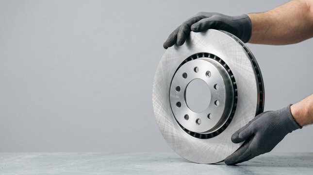 The image shows a person wearing black nitrile gloves holding a brake disc. The disc is circular, made of metal, with a central hub featuring several mounting holes. A ventilated design with slots bet