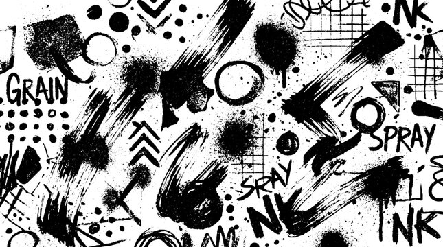 Black grunge ink splatter and grain texture background with handwritten text elements and abstract marks rough edges splatter background artistic creative decorative backdrop contemporary