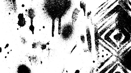 Detailed black ink splatter and drip marks with abstract zigzag grunge patterns on white background street art hand drawn urban art splatter abstract monochrome background graffiti distressed © HexaFrame