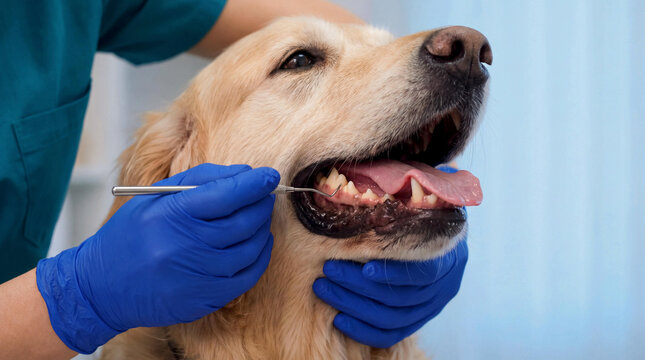 Close-up of a veterinarian's gloved hands performing a dental exam on a Golden Retriever dog's teeth. Emphasizes pet health and preventative care