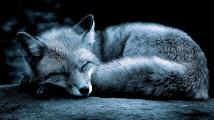 Fototapeta premium Fox Resting on Wooden Surface in Monochrome