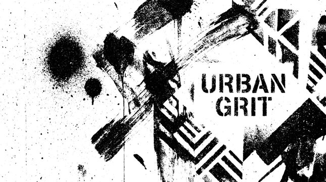 Urban grit text on black and white grunge background with ink splatters brush strokes abstract geometric patterns background splatter distressed artistic creative expressive monochrome