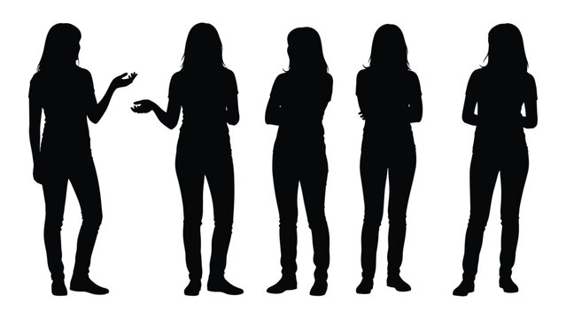 Silhouettes of five women standing in a row exhibiting various poses and body language