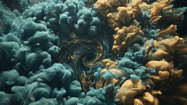 Magical synergy of gold and teal ink clouds creating complex fractal structures like a cosmic nebula