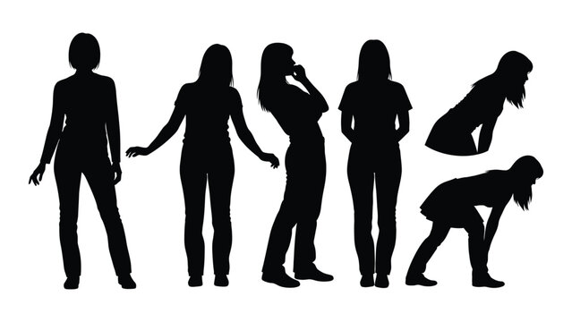 A collection of five silhouetted female figures in various poses and one bent over