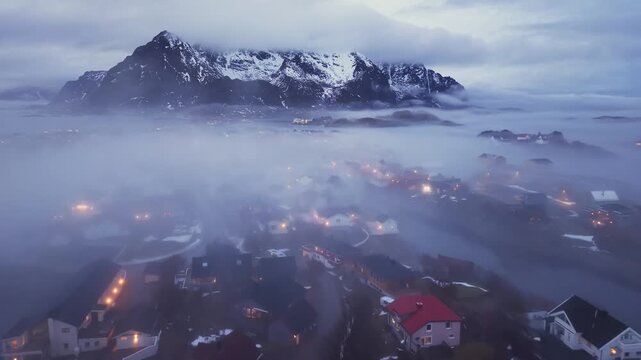 Beautiful landscape view from Henningsvaer village in Lofoten, Norway with mountain in background