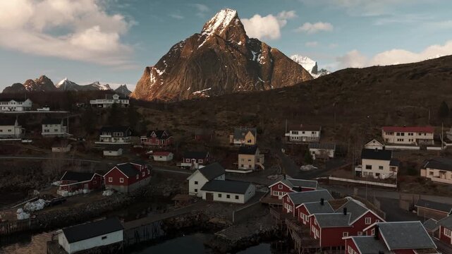Beautiful landscape view from Reine village in Lofoten, Norway with mountain in background
