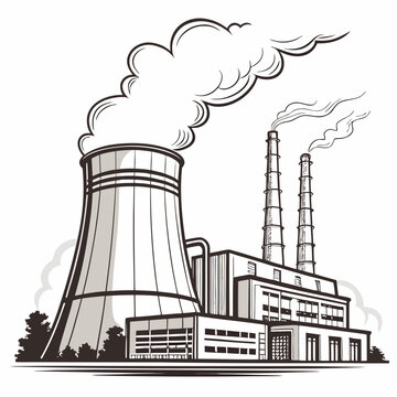 A black and white illustration of a nuclear power plant with smoke coming out of the cooling tower and chimneys