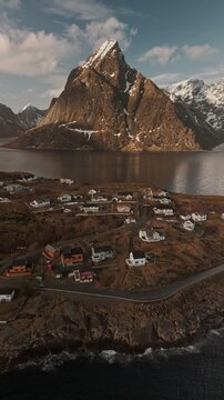Beautiful landscape view from Reine village in Lofoten, Norway with mountain in background