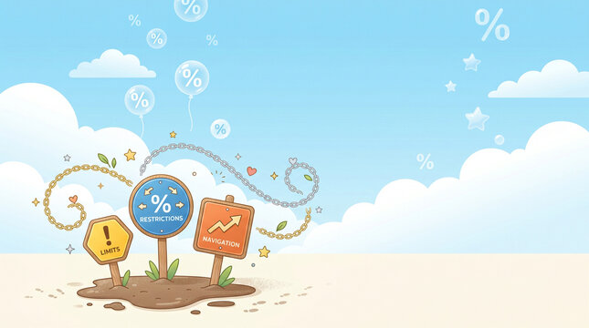 Illustration in pastel colors: information signs with percentages and a growth chart against a blue sky with clouds. Concept of financial literacy, profitable deposits, loan rates, and economic prospe