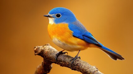 Fototapeta premium Vibrant Blue-Orange Bird Perched on Branch, Beautiful Background