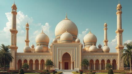 Obraz premium Grand mosque with golden domes and minarets in a serene garden